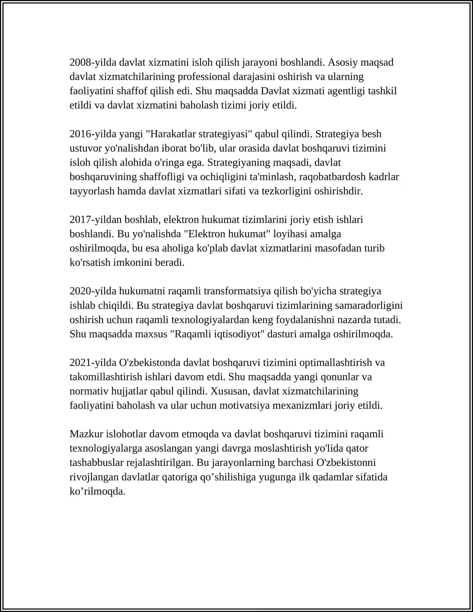 MUSTAQILLIK YILLARIDA DAVLAT BOSHQARUVI TIZIMIDA AMALGA OSHIRILGAN ISLOHOTLAR 4