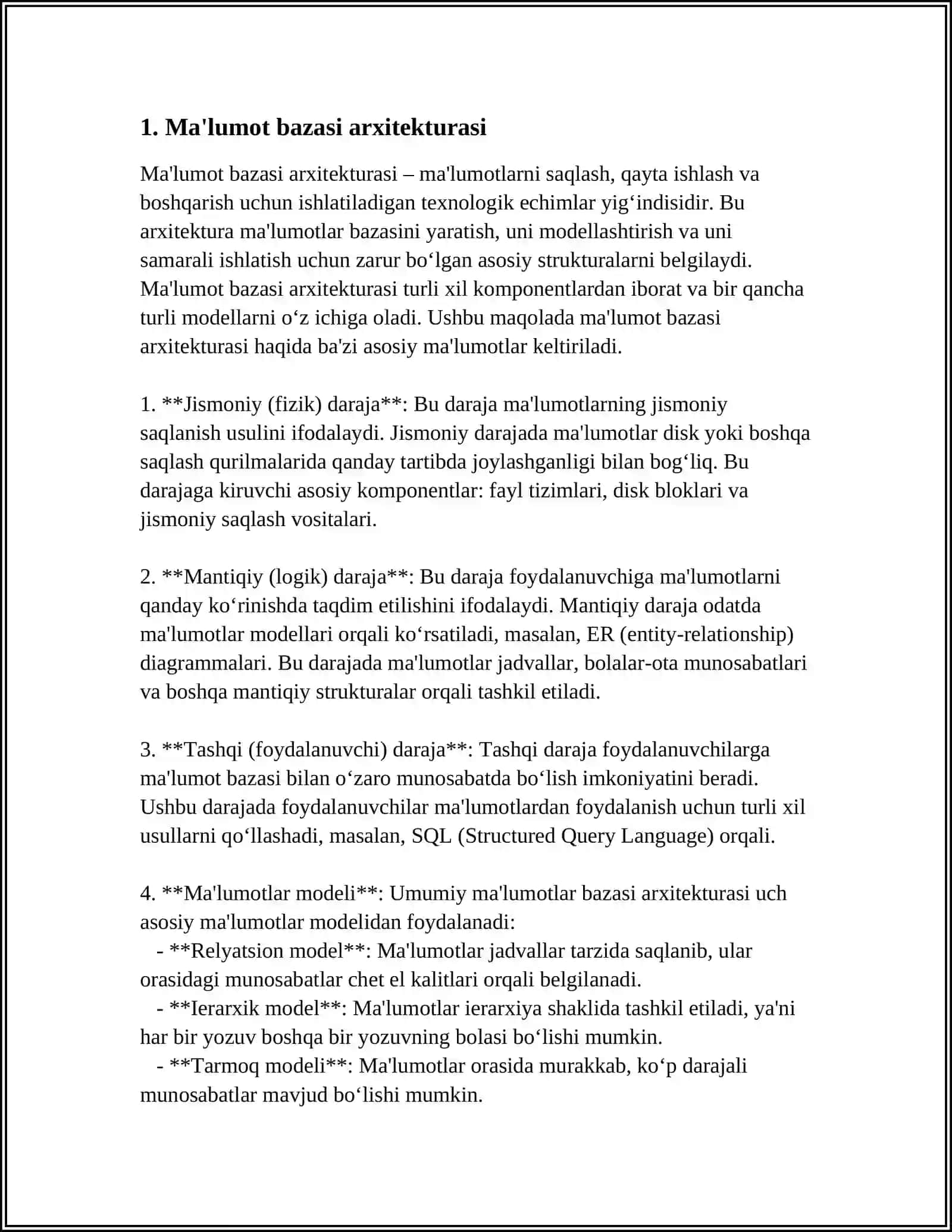 MUSTAQIL ISH Mavzu: MA’LUMOT BAZASINING ARXITEKTURASI VA UCH BOSQICHLI ARXITEKTURA 4
