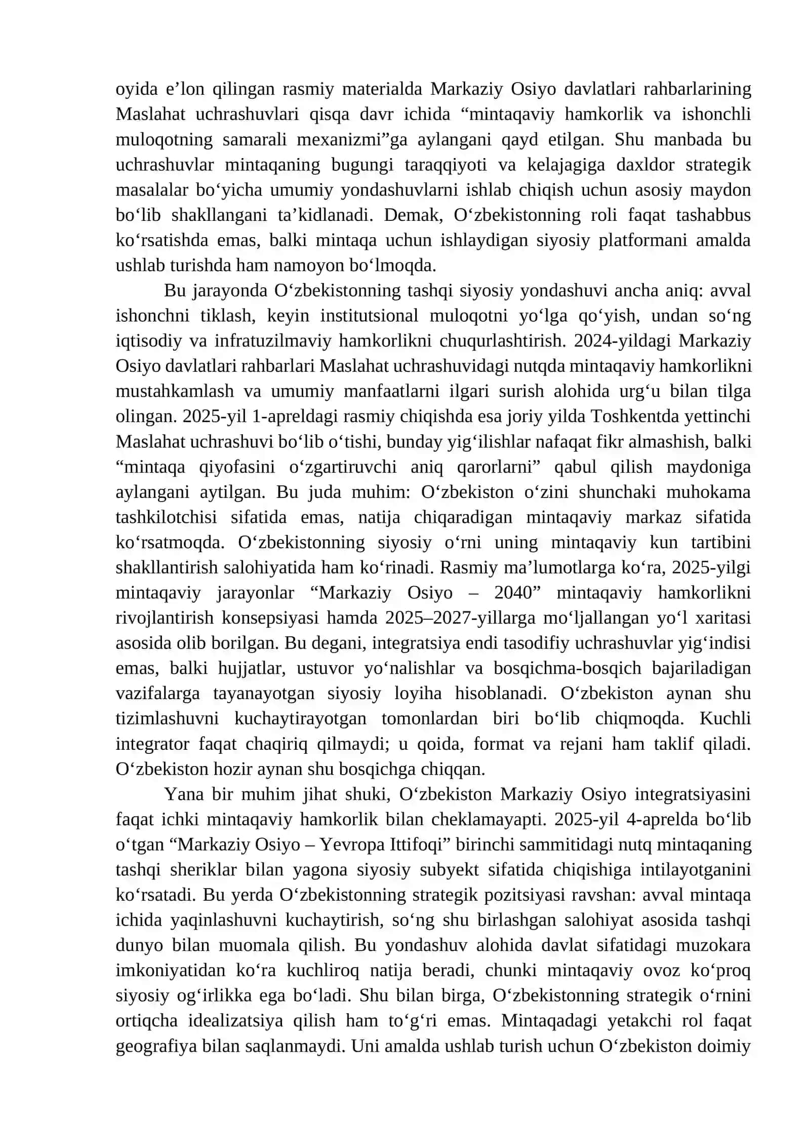 : O‘zbekistonning Markaziy Osiyo mamlakatlari bilan integratsiyasi
Reja: 4