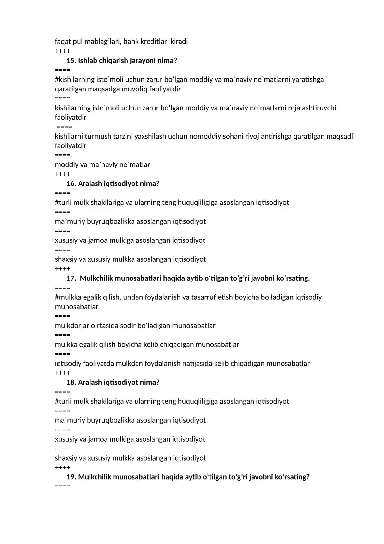 Iqtisodiy siyosatga kirish fanidan test savollar 4