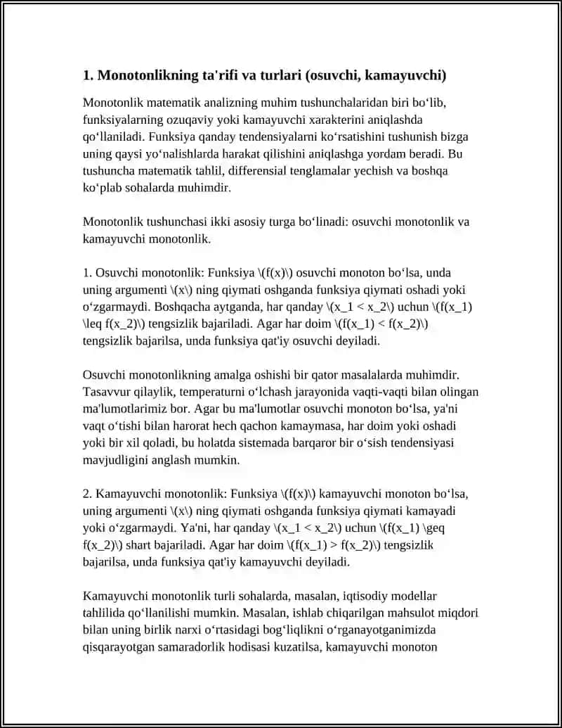 Funksiya Monotonligi, Qavariq va Botiqlik Oraliqlari Referati 4