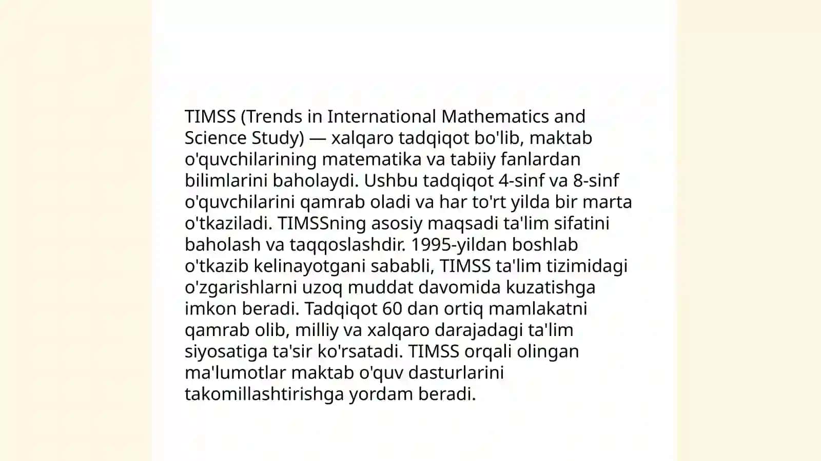 Xalq taʼlimi tizimida taʼlim sifatini baholash bo'yicha xalqaro tadqiqotlarni ( PISA, TIMSS, PIRLS, TALIS) joriy etishning meyoriy huquqiy asoslari, asosiy maqsadlar va chora tadbirlar 4