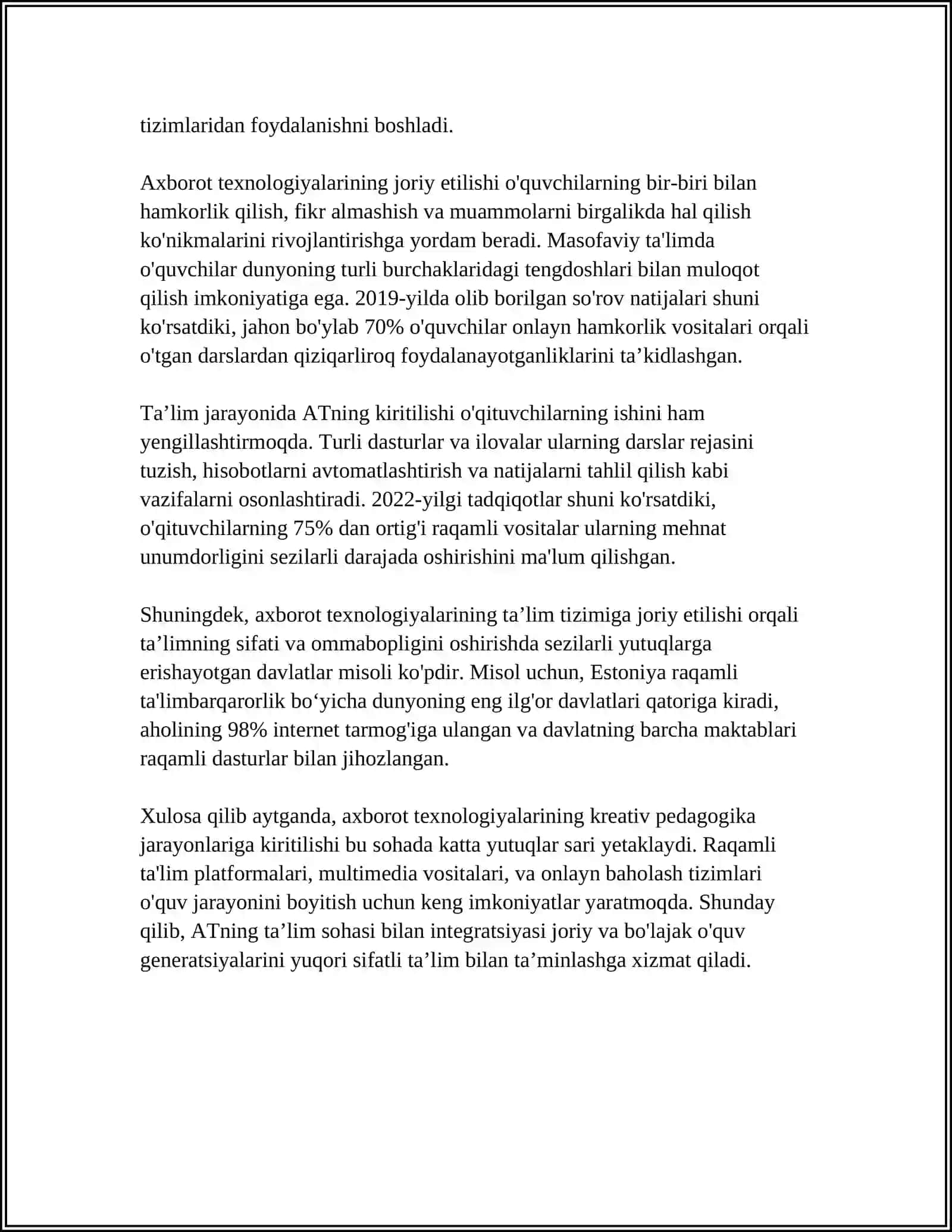 KREATIV PEDAGOGIKA FANINI OʻQITISHDA AXBOROT TEXNOLOGIYALAR FOYDALANISHNING AHAMIYATI VA ZARURIYATI 4