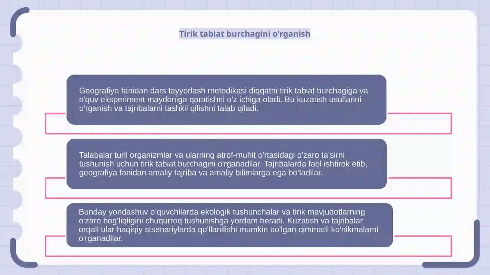 Joĝrofiya maydonchasi, tirik tabiat burchagi, òquv tajriba uchastkasida darslarni òzlastirish metodikasi. Kuzatish va tajribalarni tashkil etish usullarini òrganish 4