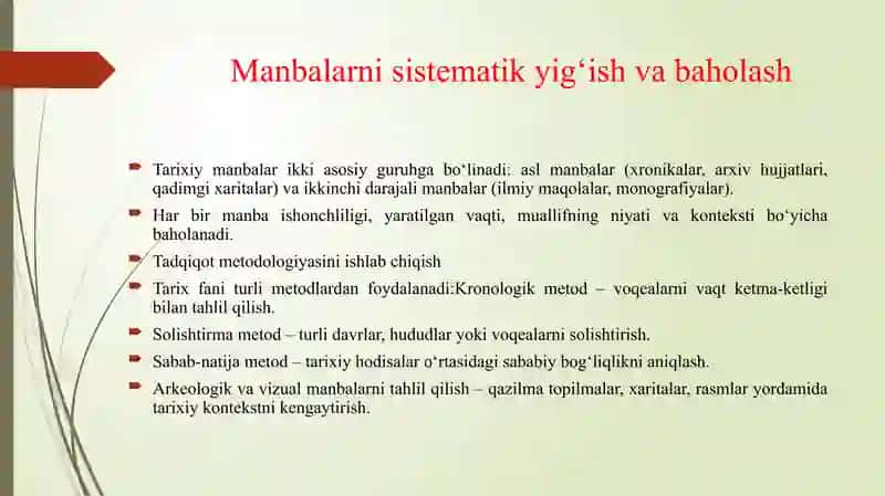 TARIX FANI ILMIY TADQIQOT ISHLARINI TASHKILLASHTIRISH VAZIFALARI 4
