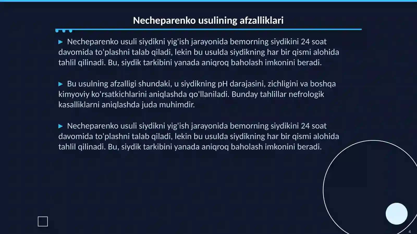 Zimnitskiy va Necheparenko usulida siydik yig 'ish.Siydik qopini kateterlash. (klinik amaliyot) (H17F simulyatsion markaz) 4