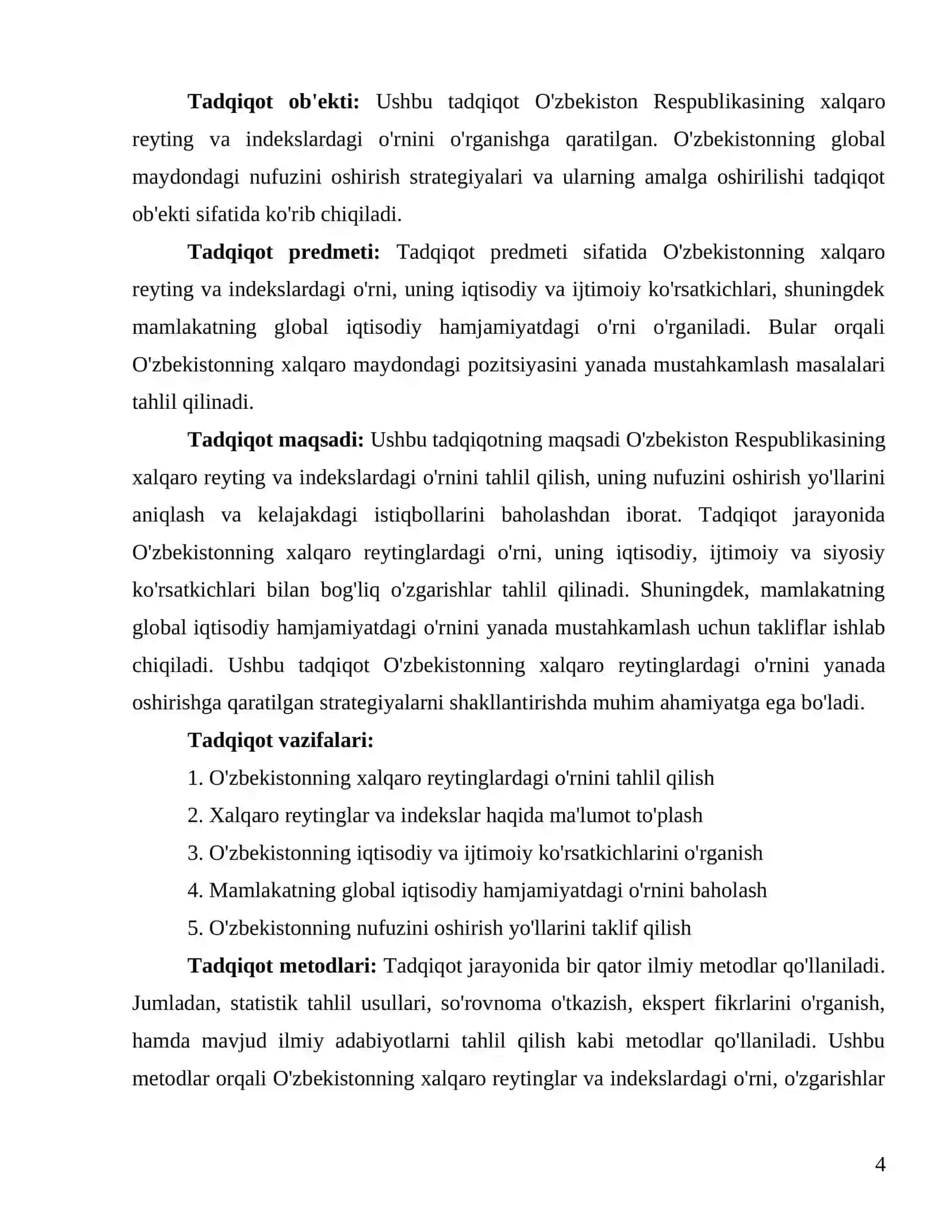 KURS ISHI "O'zbekiston Respublikasining xalqaro reyting va indekslardagi o'rni va nufuzining ortib borishi." 4