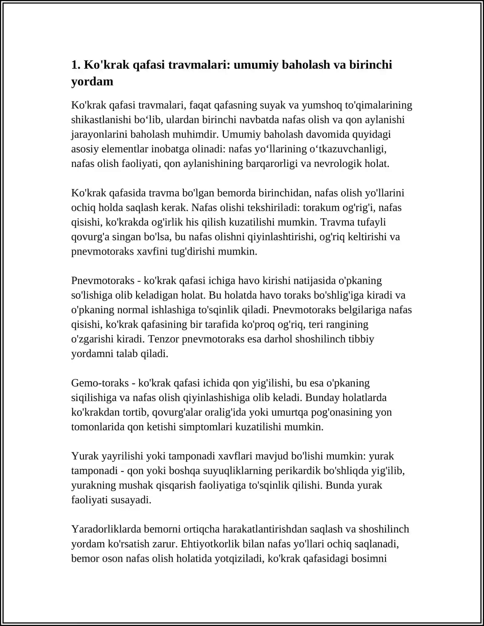 FAQULOTDA VAZIYATLARDA TURLI SHIKASTLAR VA ULARDAN BIRINCHI YORDAM KÒRSATISH KÒKRAK QAFASI QORIN TOS AZOLARINING SHIKASLANTIRISHDA BIRINCHI YORDAM KÒRSATISH 4