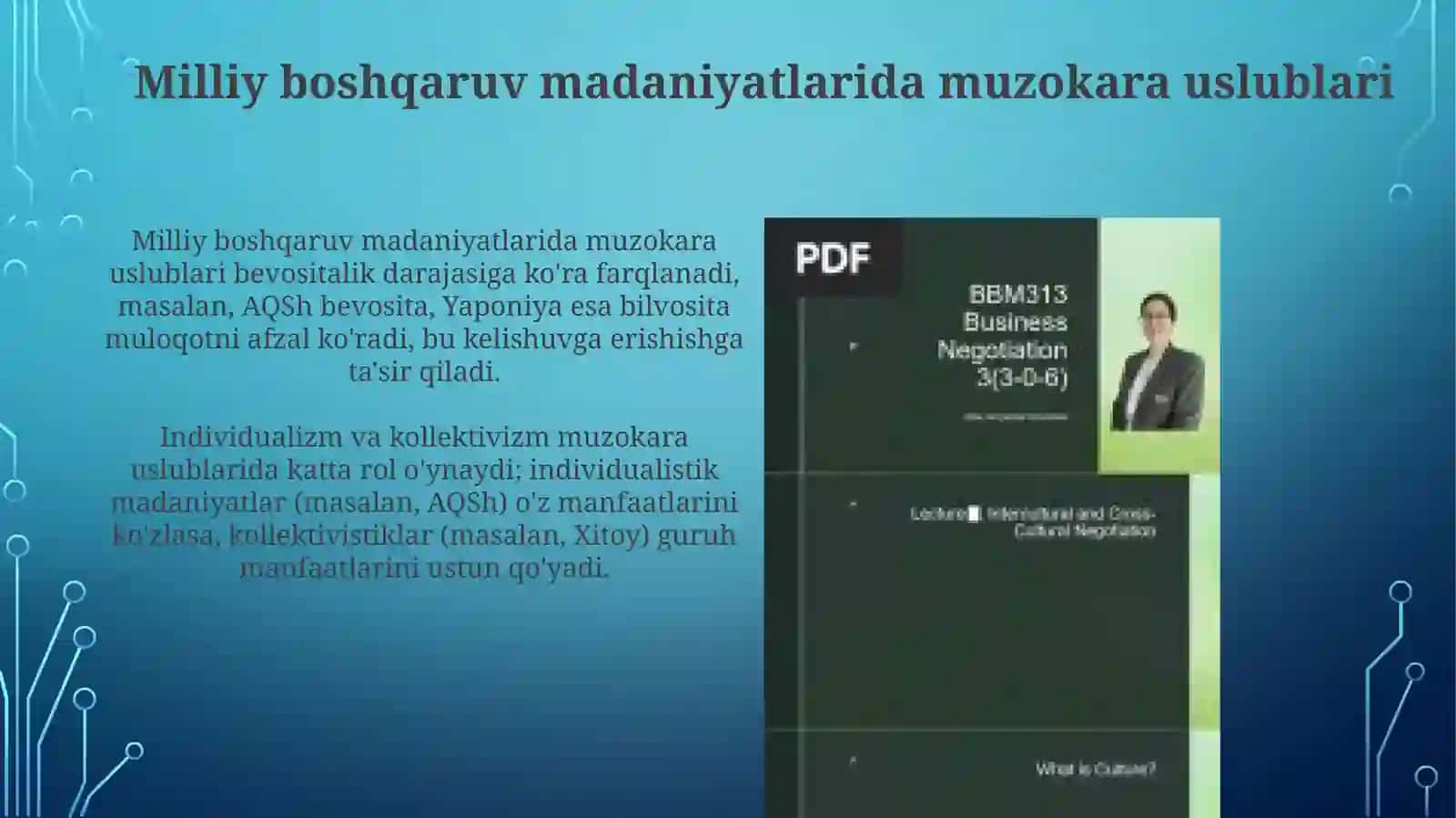 Turli milliy boshqaruv madaniyatlarida muzokora yuritish uslublarining qiyosiy tahlili 4