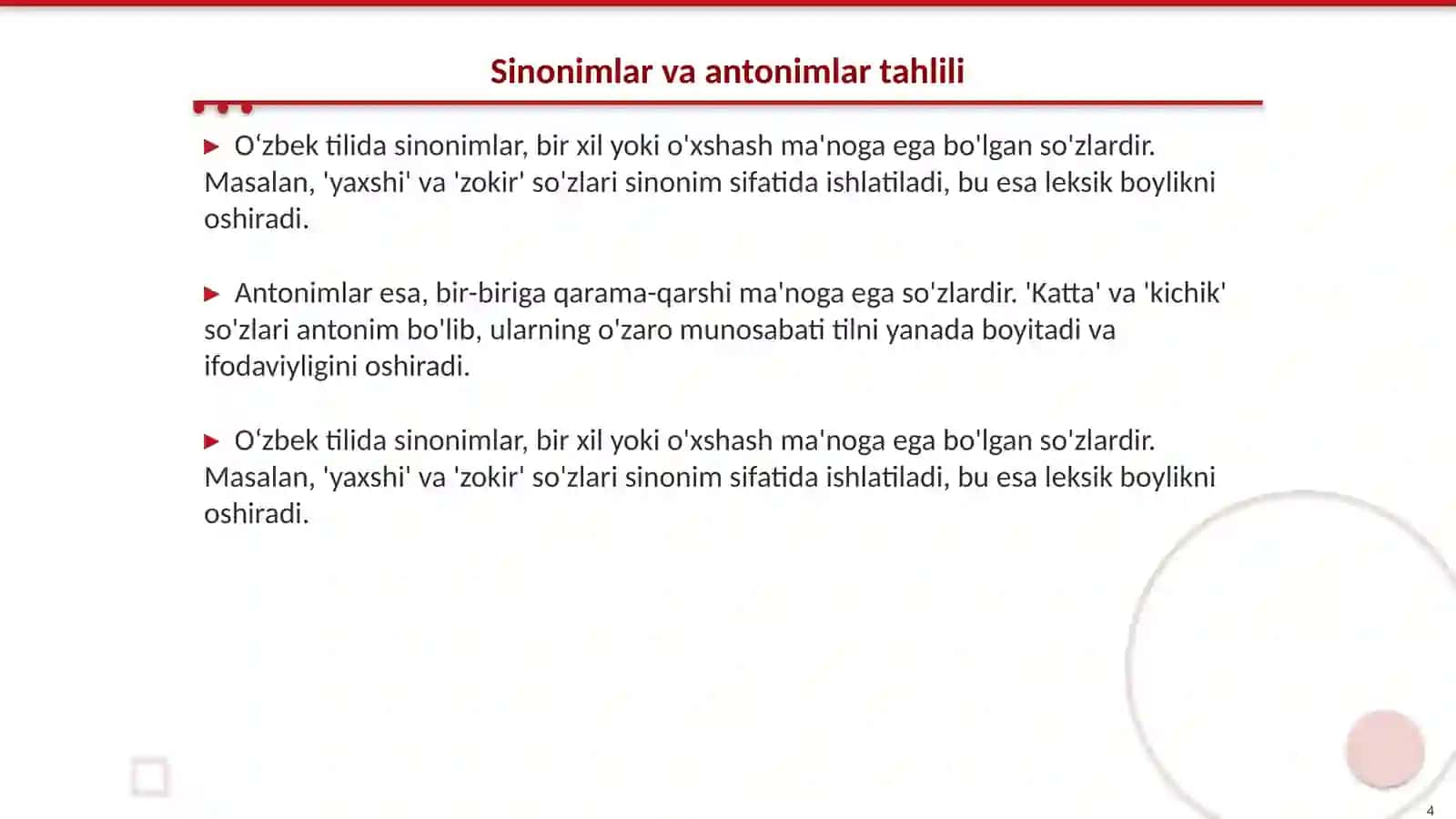 Oʻzbek tilida leksik semantik munosabatlar 4