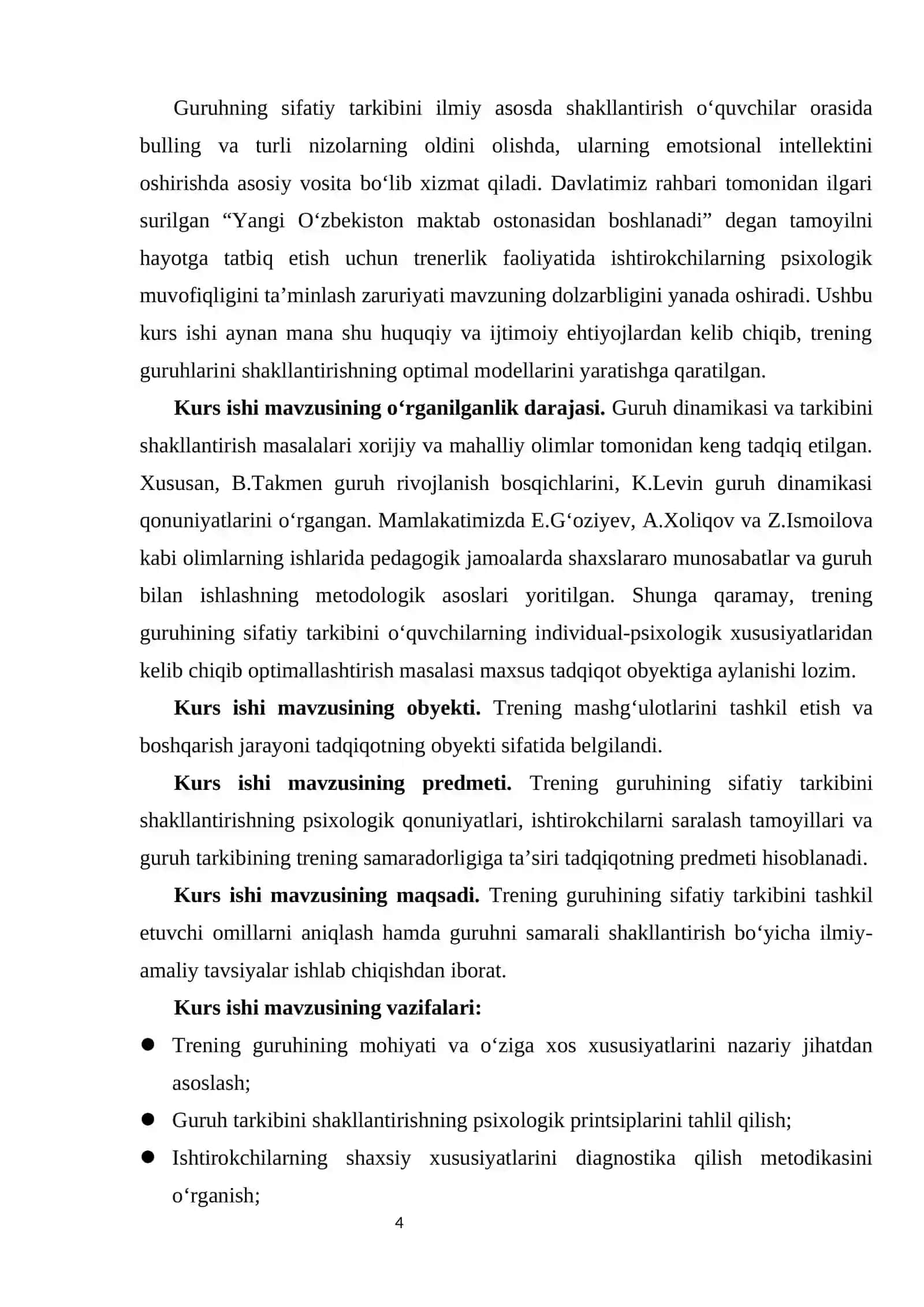 Trening guruhining sifatiy tarkibi.  KURS ISHI 4