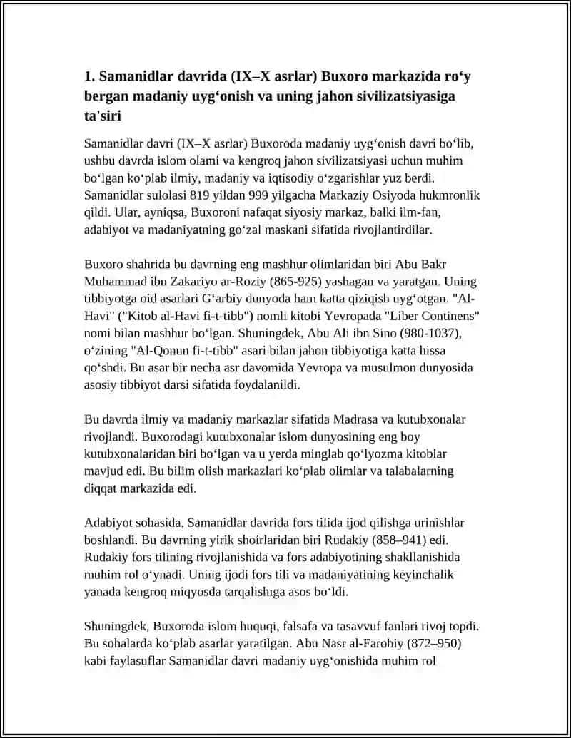 IX-XII ASRLARDA MAMLAKATIMIZ HUDUDIDA RO‘Y BERGAN MADANIY UYG‘ONISH (RENESSANS). BUYUK ALLOMALARNING JAHON SIVILIZATSIYASIGA QO‘SHGAN HISSASI MAVZUSIDA ESSE TAYYORLASH 4