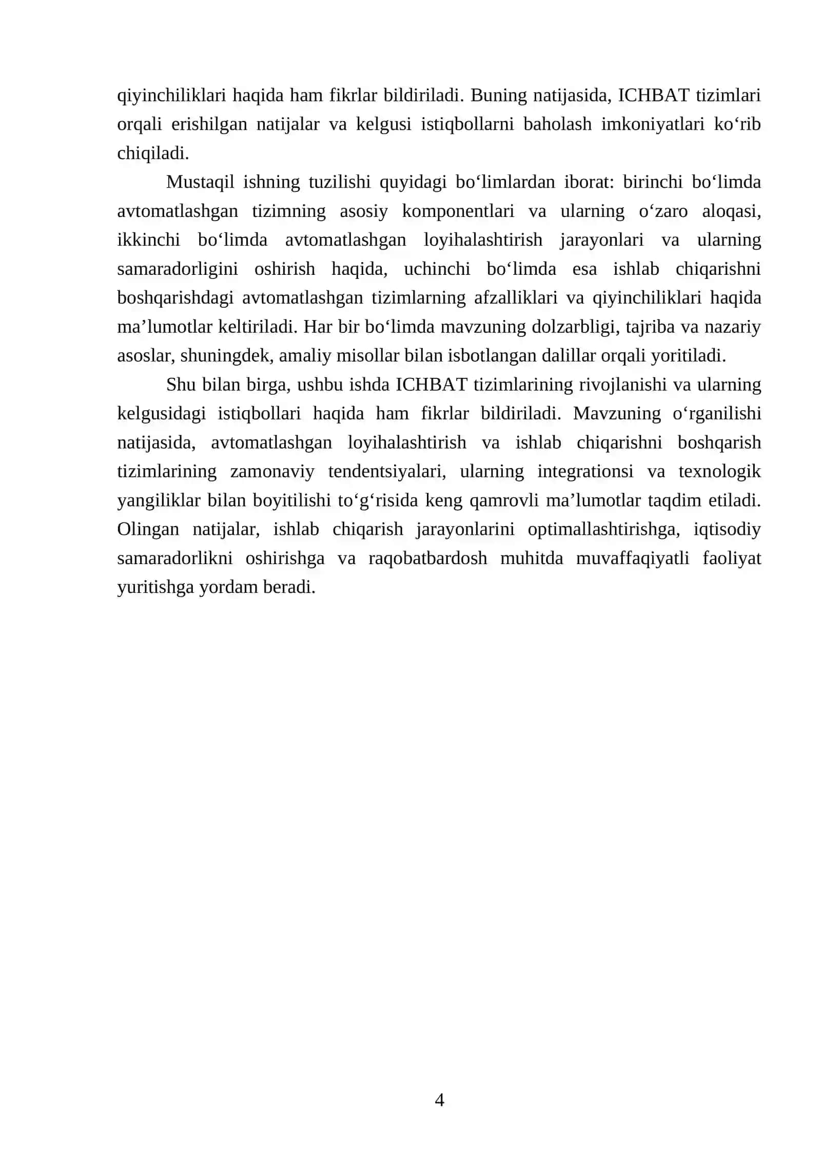 Avtomatlashgan loyihalashtirish va ishlab chiqarishni boshqarishning avtomatlashgan tizimi (ICHBAT) 4