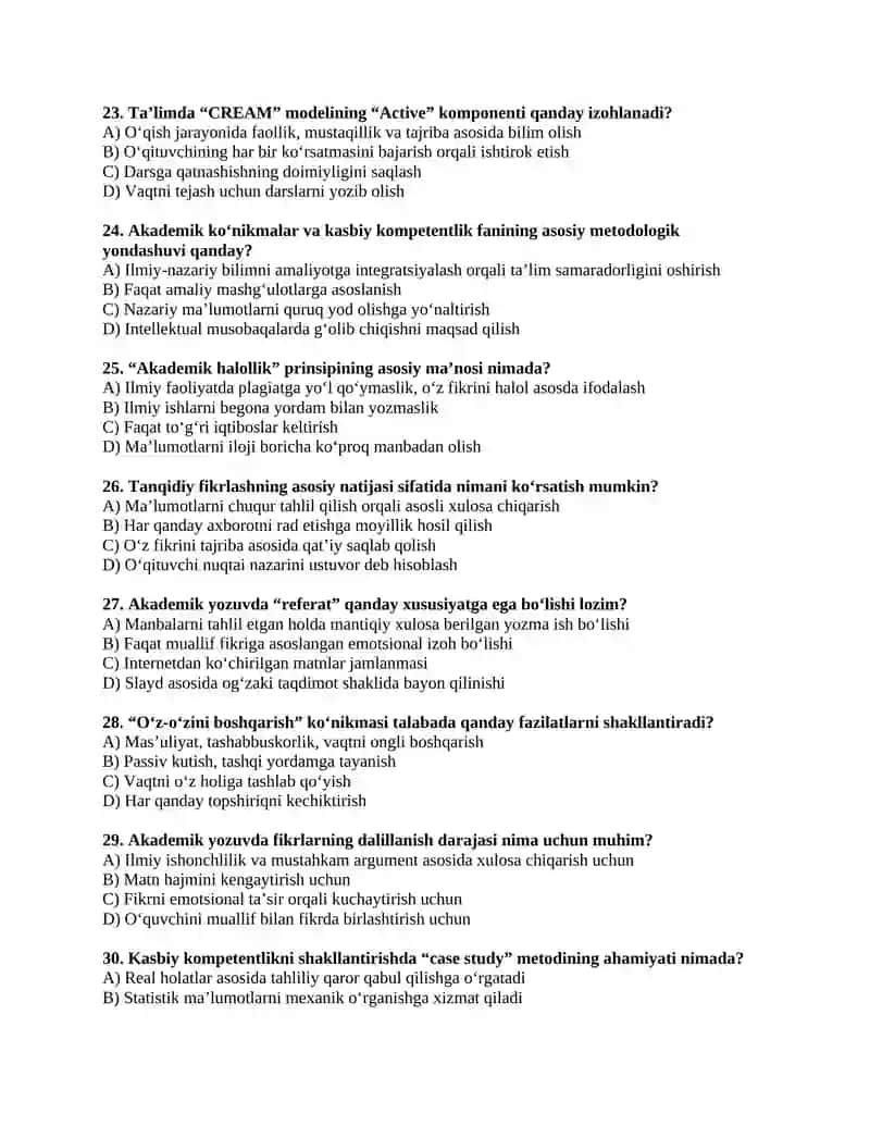 Akademik ko'nikmalar test 200 talik 4