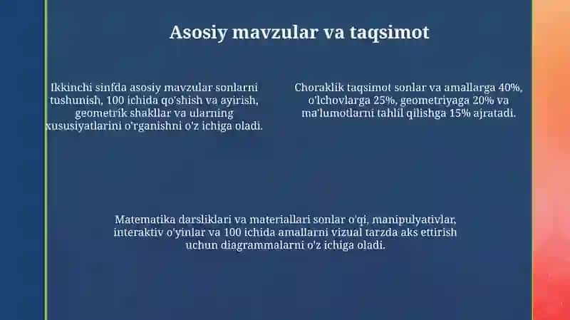 Ikkinchi sinf matematika dasturlari va materiallarning choraklar bo'yicha joylashuvi umumiy tahlili 4