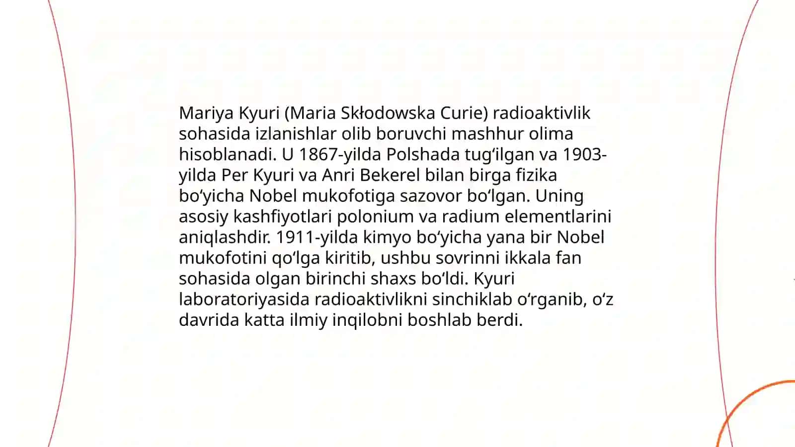 M.Kyurening kimyoviy kashfiyoti. Radiy birikmalarining xossalari 4