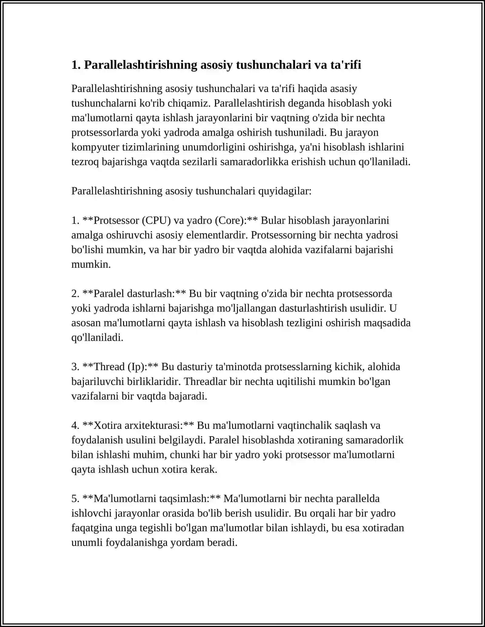 PARALLELASHTIRISHNING ASOSIY TUSHUNCHALARI.. XOTIRA TAKOMILLASHTIRISH PRINSPLARI VA XOTIRA TURLARI..YUQORI UNUMDORLIKKA ERISHISH SHARTLARI, USULLARI VA TALABLARI 4