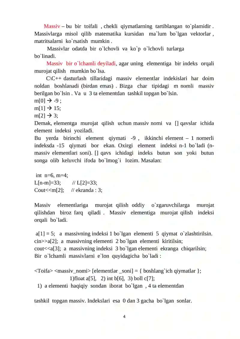 C++ DA BIR  O‘LCHOVLI IKKI O‘LCHOVLI VA DINAMIK MASSIVLAR. 4