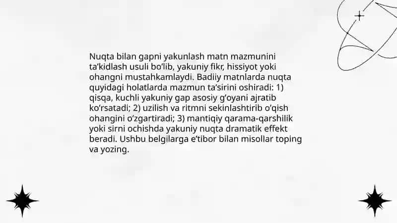 Badiiy asar matnlaridan tinish belgilari maʼnoga taʼsir qilgan joylarini topib yozish 4