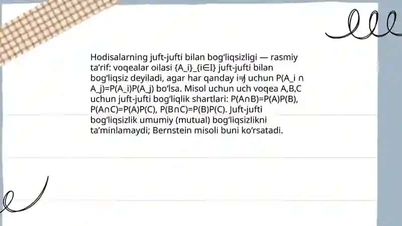 Hodisalarning oʻz toʻplamida bogʻliqsizligi va juft - jufti bilan bogʻliqsizligi orasidagi munosabat. Bernshteyn misoli 4