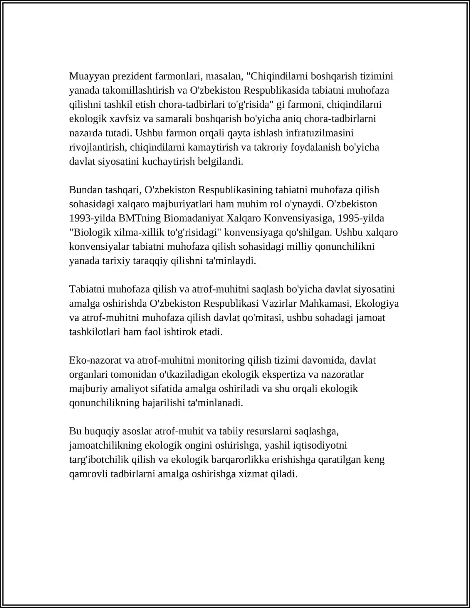 PREZIDENT QARORLARINI, OLIY MAJLIS TOMONIDAN CHIQARILGAN TABIATNI MUHOFAZA QILISHGA DOIR QONUNLARNI O'RGANISH 4