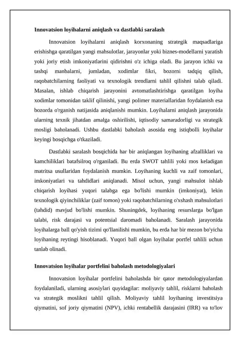 Ishlab chiqarish innovatsiyalarining portfel tahlili 4