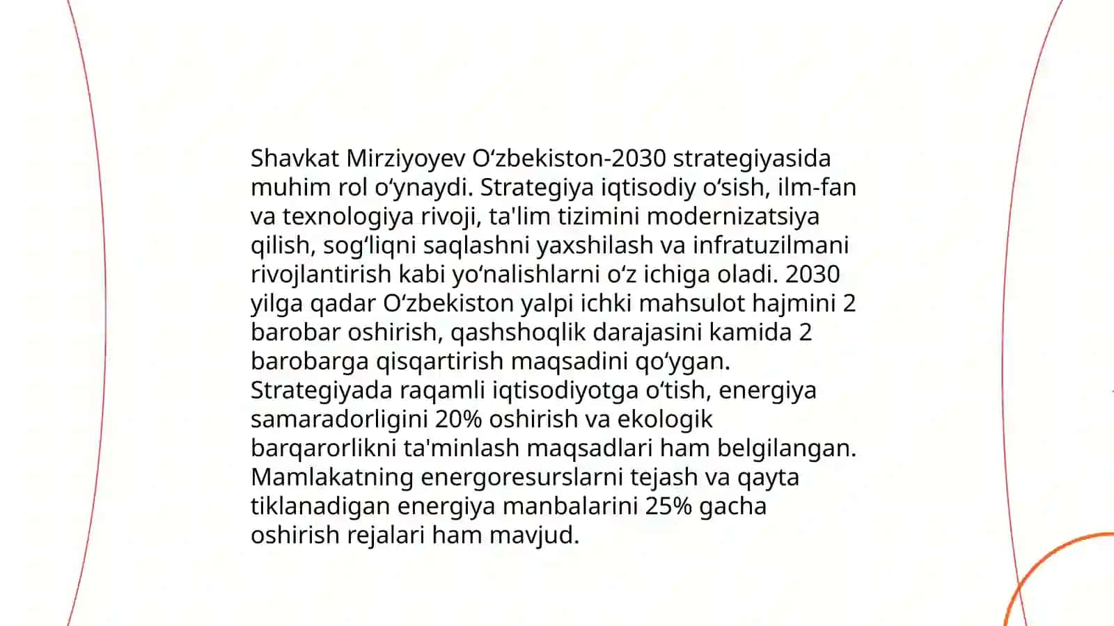 O‘zbekiston-2030 strategiyasi va O‘zbekiston Respublikasi Prezident Sh.Mirziyoyev hamda birinchi prezident I.Karimov asarlari asosida milliy va xorijiy tajribani qiyoslash va uni slayd shaklida taqdim etish 20 bet hajmda 4