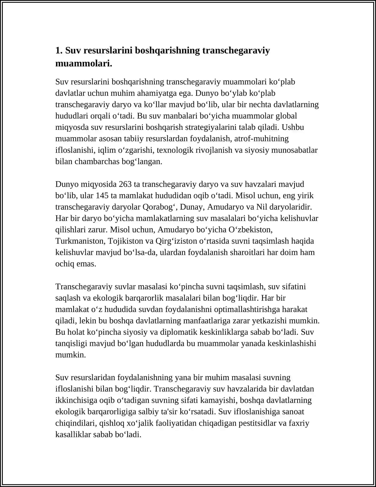 O'ZBEKISTON,QOZOG'ISTON VA QIRG'IZISTON O'RTASIDAGI TRANSCHEGARAVIY SUV MUAMMOLARI VA HUQUQIY YECHIMLAR 4