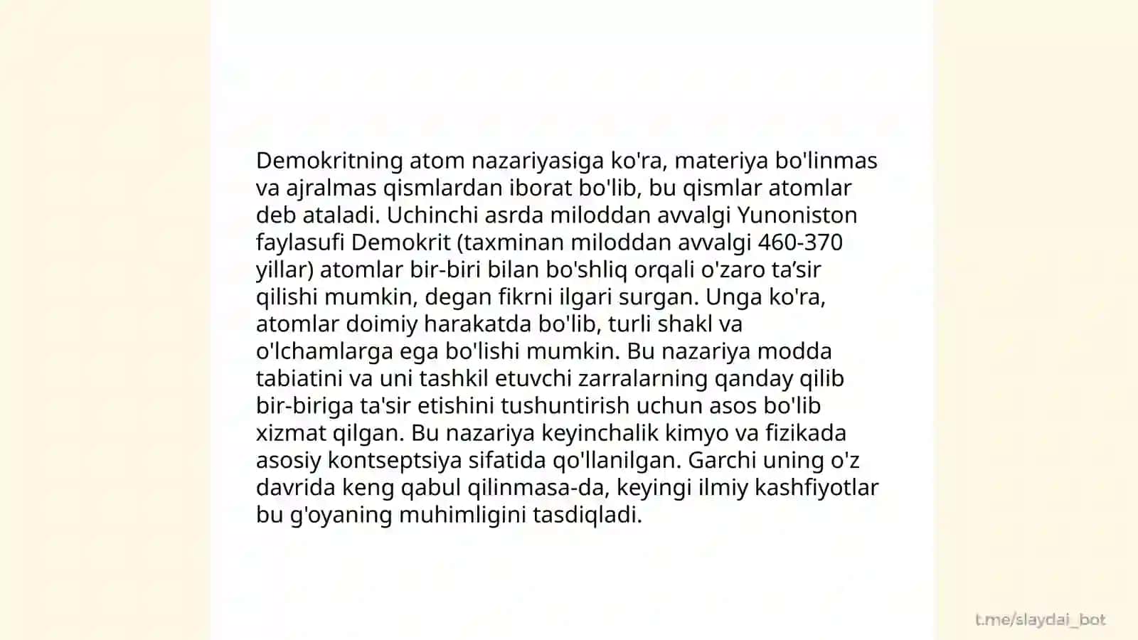 Yunon faylasuflarining atom va element to'g'risidagi tushunchalarini xozirgi zamon ma'lumotlari bilan taqqoslash 4