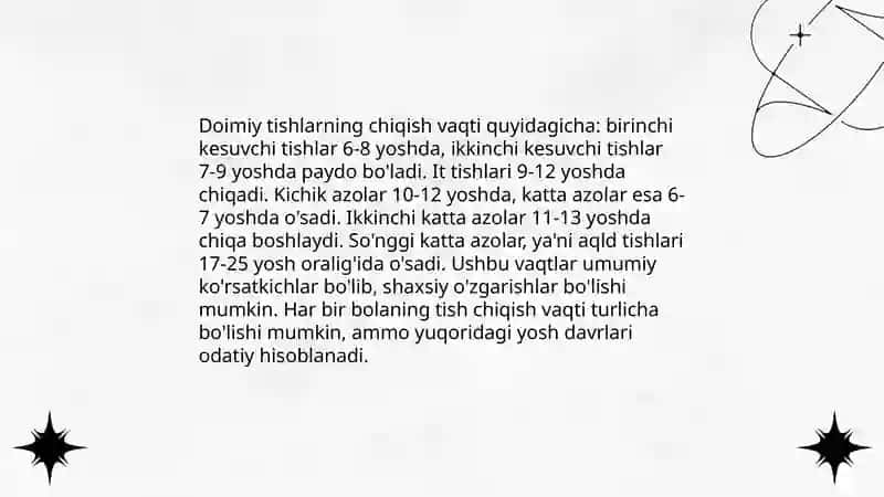 SUT VA DOIMIY TISHLARNING CHIQISH VAQTI, ILDIZLARINING SHAKLLANISH VA SUT TISHLAR ILDIZLARINING SOʻRILISH MUDDATLARI. 4