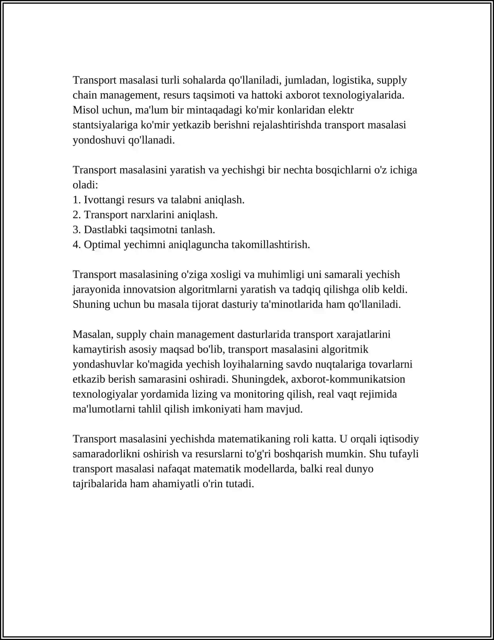 TRANSPORT MASALASINING QO’YILISHI VA YECHISHNING USULLARIGA DOIR TADQIQOT ISHINI 4