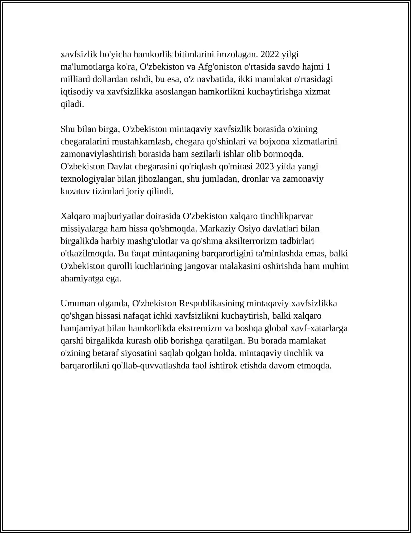 O'zbekistonning mintaqaviy xavfsizlikka qo'shgan hissasi 4