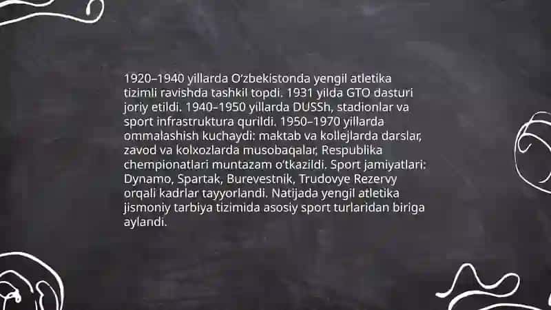Oʻzbekistonda yengil atletikaning rivojlanish tarixi va uning jismoniy tarbiya tizimida tutgan oʻrni 4