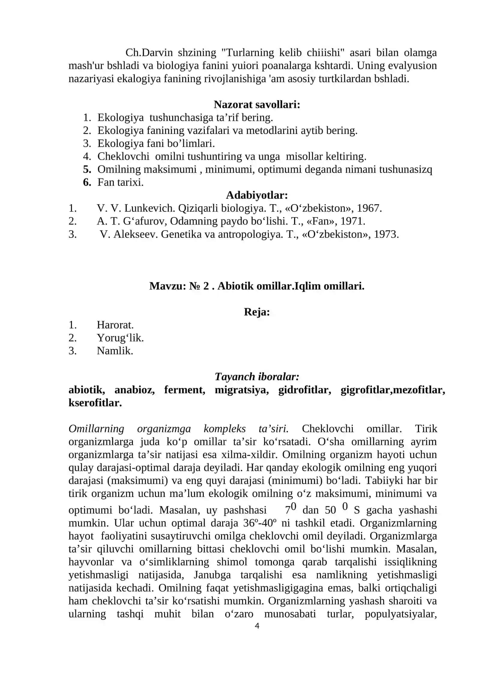 № 1. Ekologiya fani va uning metodlari 4