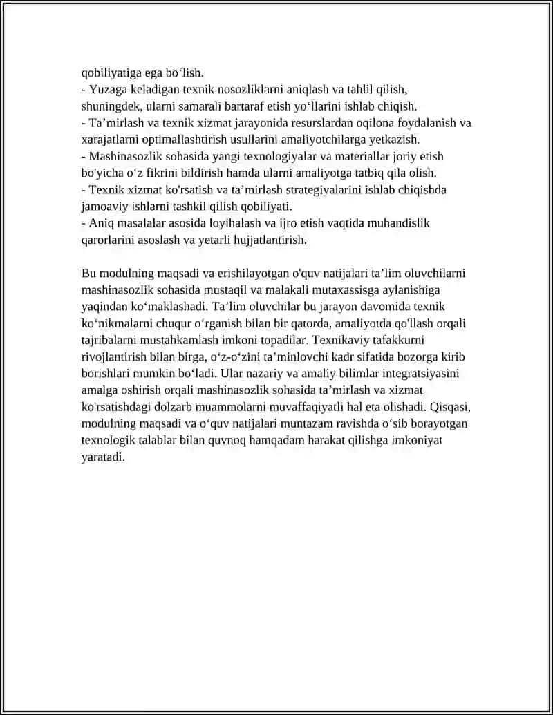 MASHINASOZLIK SOHASI UCHUN TEXNIK XIZMAT KO’RSATISH VA TAMIRLASH MODULINI ISHLAB CHIQISH 4