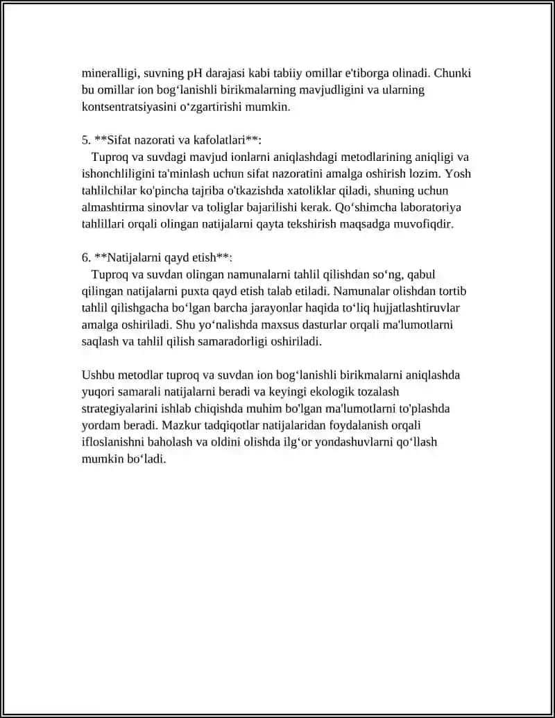 Tuproq va suvda ion bogʻlanishli birikmalarni aniqlash uchun namunalar yigʻish va tayyorlash metodlari 4