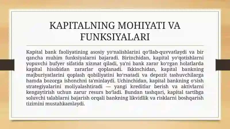 Tijorat bankining kapitali uning tarkibi va yetarliligiga qo‘yilgan talablar. 4