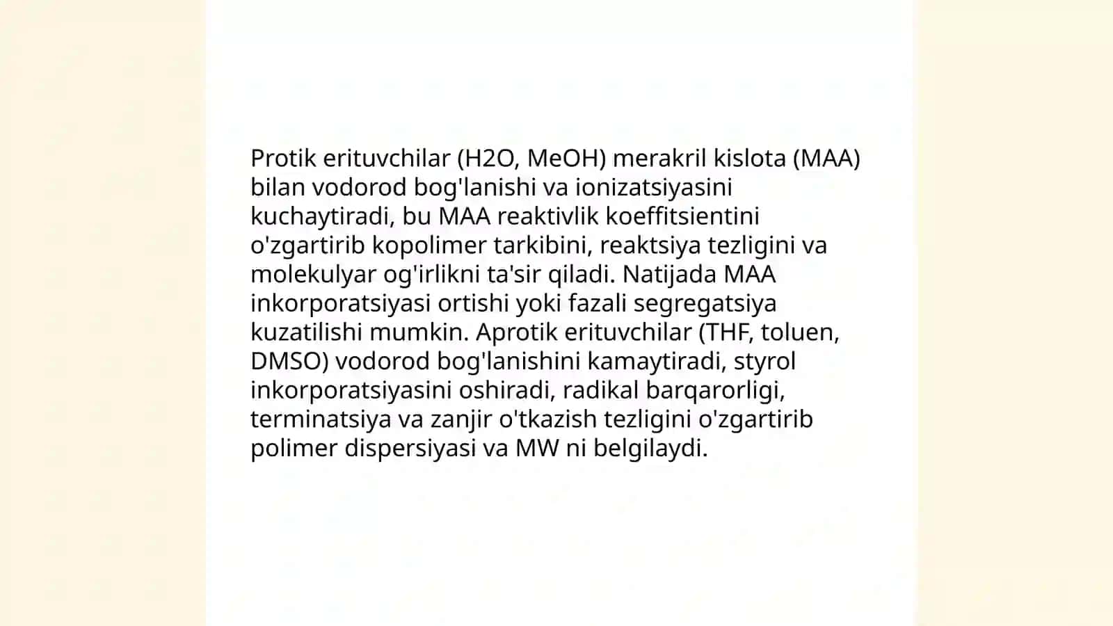 Erituvchi polaritetining styrol va merakril kislotaning sopolimerlanish kinetikasiga ta'siri 4