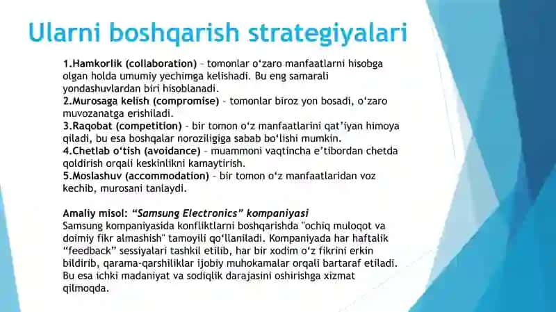 Konflikt va stresslarni boshqarish usullarini manbalar asosida o‘rganib tezis tayyorlash. 4