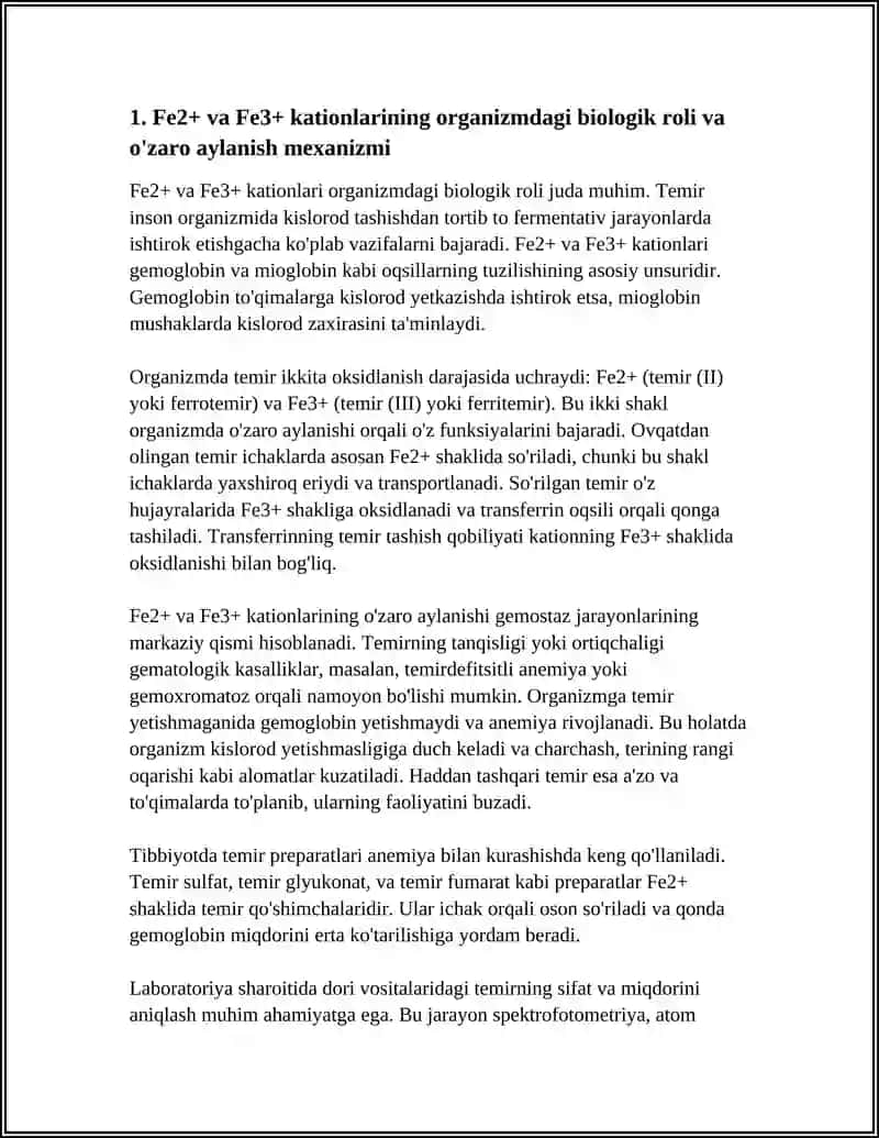 FE2+VA FE3+KATIONLARINI ORGANIZMDAGI AHAMIYATI, TIBBIYOTDA QO'LLANILISHI VA DORI VOSITALARI TARKIBIDA SIFAT VA MIQDORINI ANIQLASH 4