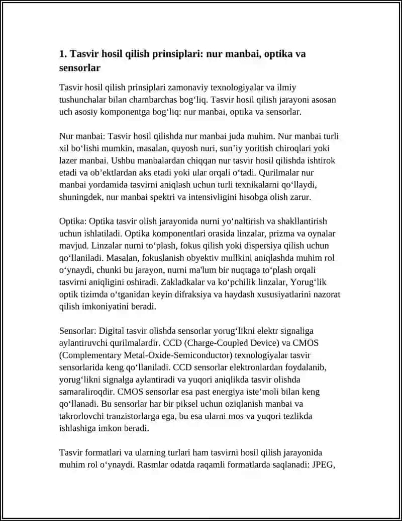 TASVIRLARNI HOSIL QILISH. TASVIR FORMATLARI VA ULARNING TURLARI. RANGLARNI TASVIRLASH SISTEMALARI XUSUSIYATLARI. RANG SISTEMALARINI BIR-BIRIGA MATEMATIK ALMASHTIRISH USULLARI 4