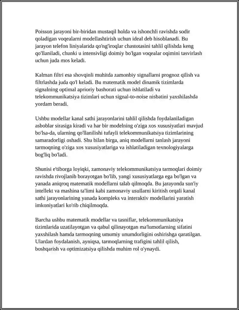 TELEKOMUNIKATSIYA TARMOĜINING KANAL SATHI JARAYONLARINI MODELLARI VA XARAKTERISTIKALARINI HISOBLASH 4
