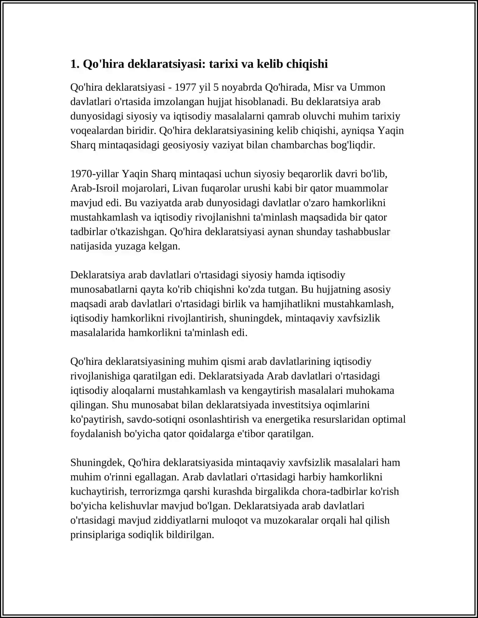 Qo'hira deklaratsiyasi tarixi va mazmuni tahliliy maqola tayyorlash 4