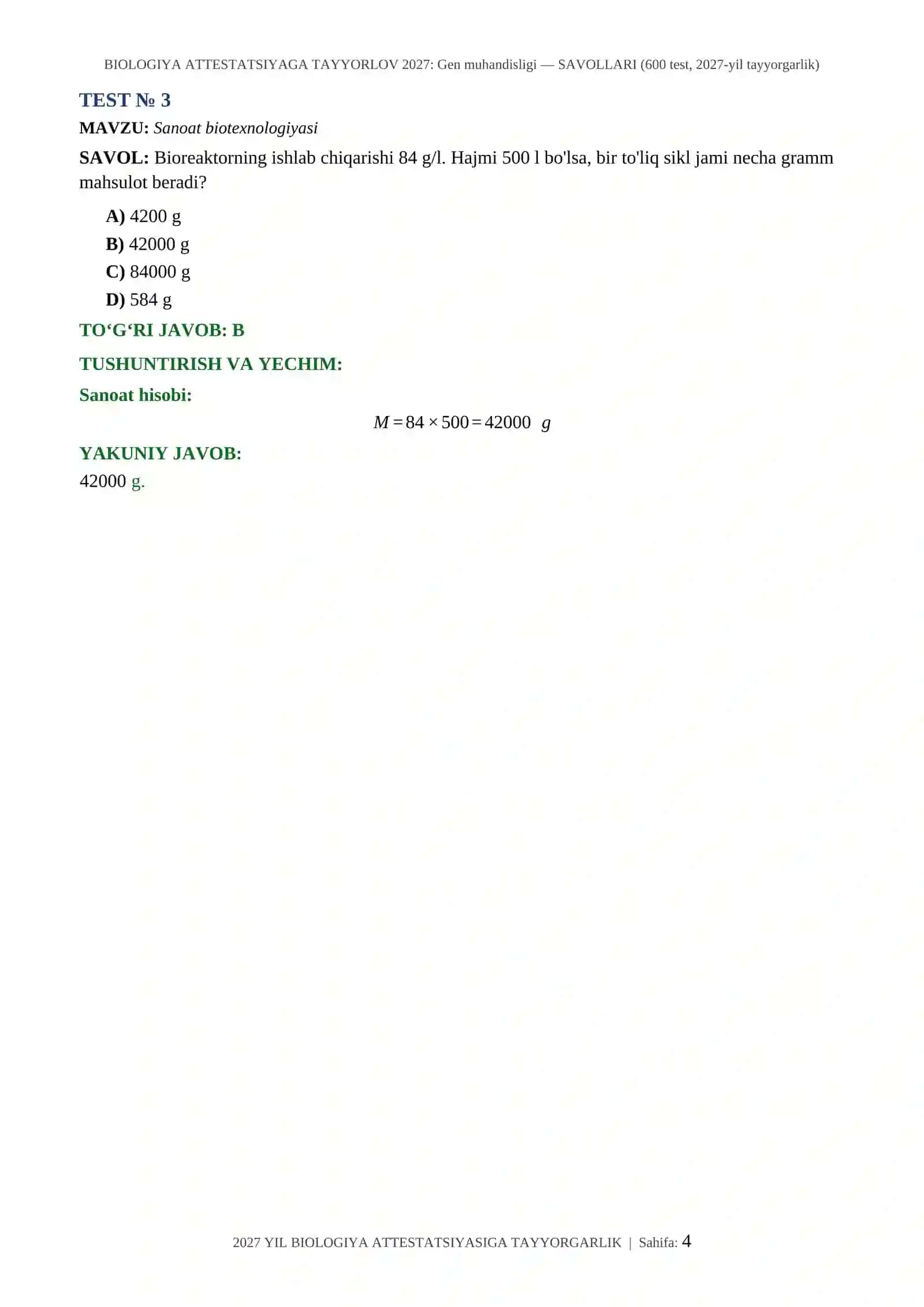 BIOLOGIYA ATTESTATSIYAGA TAYYORLOV 2027: Gen muhandisligi — SAVOLLARI (600 test, 2027-yil tayyorgarlik) 4