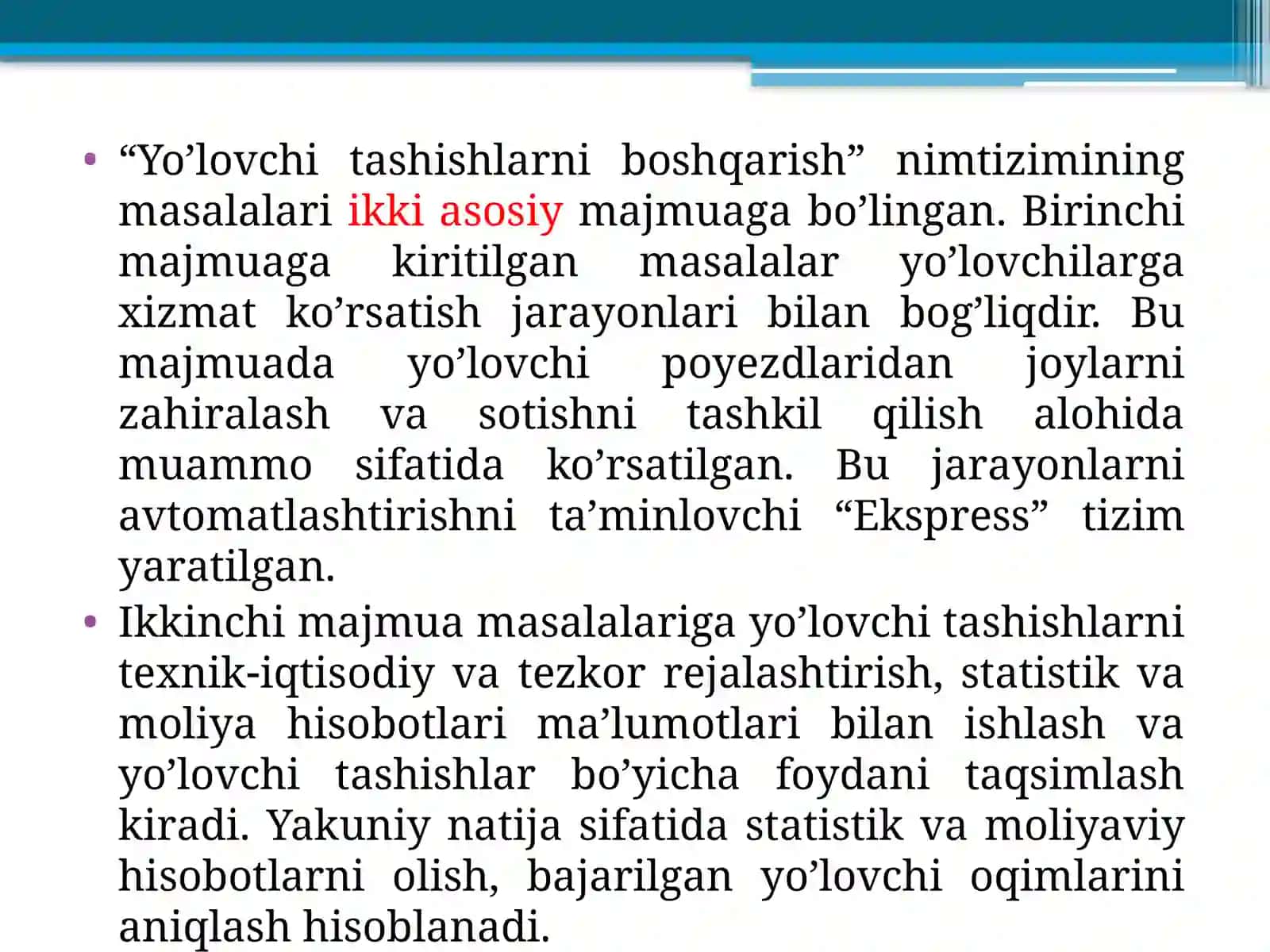 ЙЎЛОВЧИ ТАШИШНИ БОШҚАРИШНИНГ АСОСИЙ ТУЗИЛМАСИ, ТАВСИФИ ва РИВОЖЛАНИШ ИСТИҚБОЛЛАРИ 4