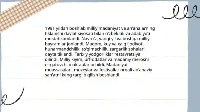 Mustaqillik yillarida Oʻzbekistondagi manaviy va madaniy taraqqiyot 4