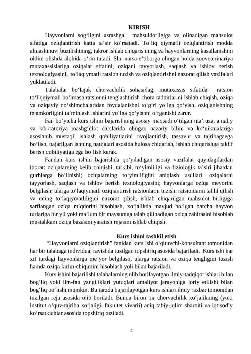 Uslubiy ko‘rsatma 5410600-Zooinjeneriya (turlari bo‘yicha) yo‘nalishi 4