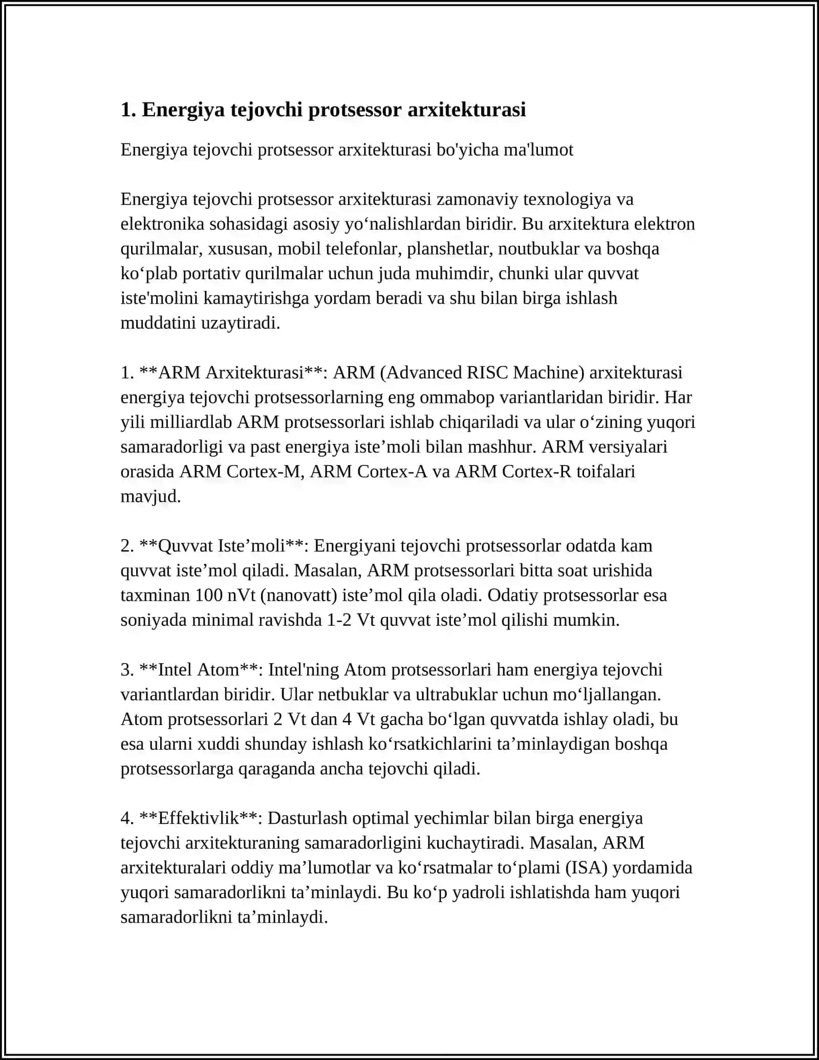 ENERGIYANI TEJAYDIGAN PROTSESSORLARNI O'RGANISH. SAMARADORLIKNI PASAYTIRMASDAN ENERGIYA SAMARADORLIGINI OPTIMALLASHTIRISH ORQALI KAM QUVVATLI PROTSESSORNI 4