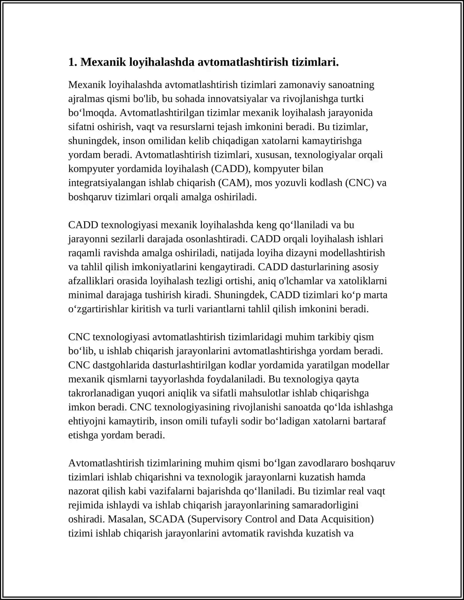 AVTOMATLASHTIRILGAN LOYIHALASH TIZIMLARINI MEXANIKA, ENERGETIKA, ELEKTRONIKA, GEOLOGIYA, MASHINASOZLIK VA BOSHQA SOHALARDA QO'LLASH 4