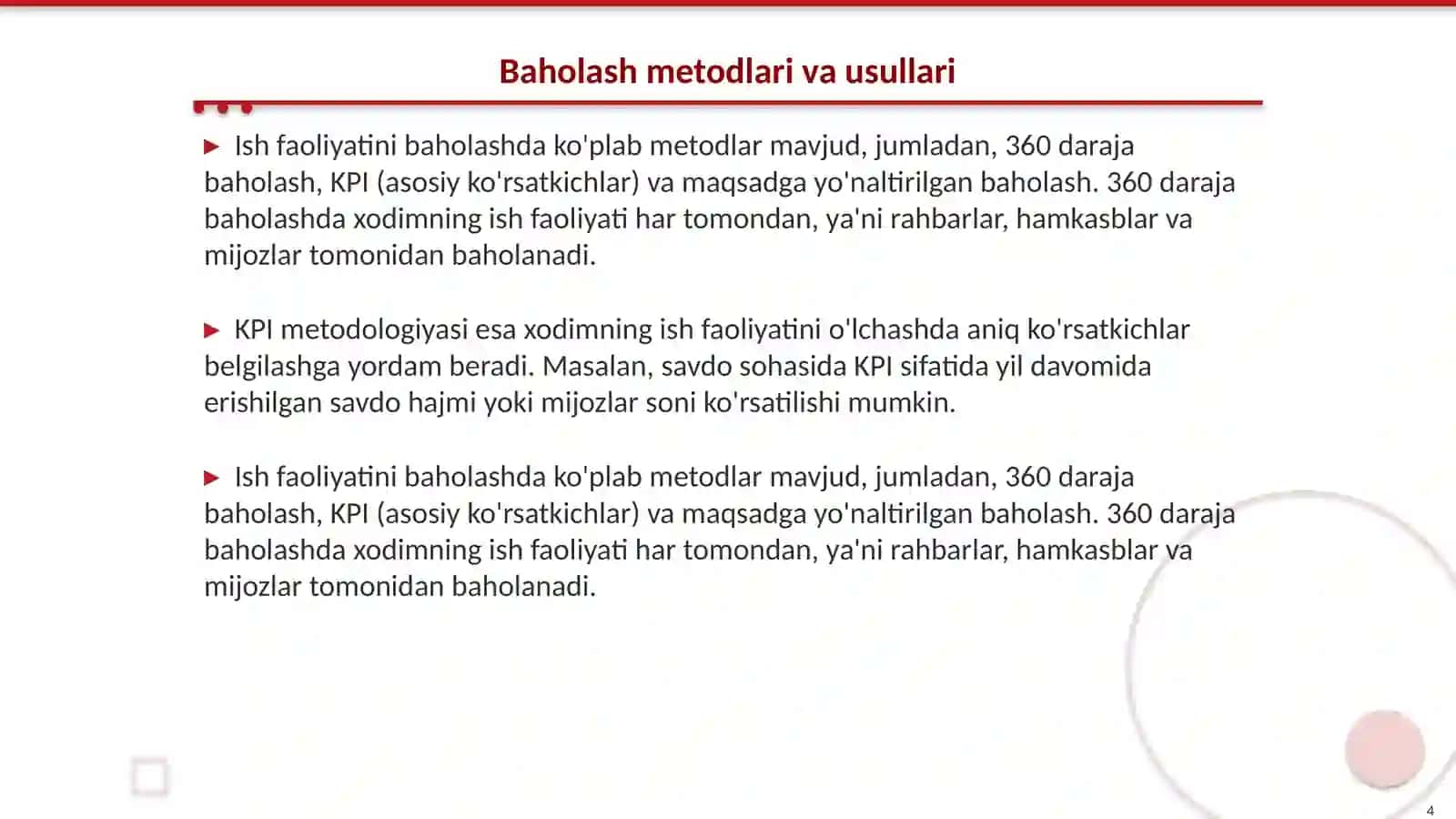 Inson resurslarini boshqarish jarayonida ish faoliyatining sifati va miqdorini baholash muammolari 4